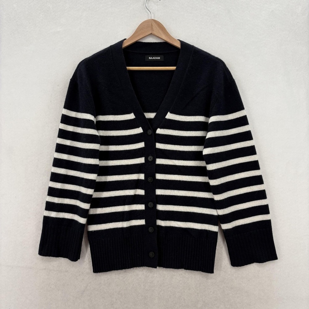 Naadam Cardigan Sweater Womens M Navy Blue White Stripe 100% Cashmere V Neck